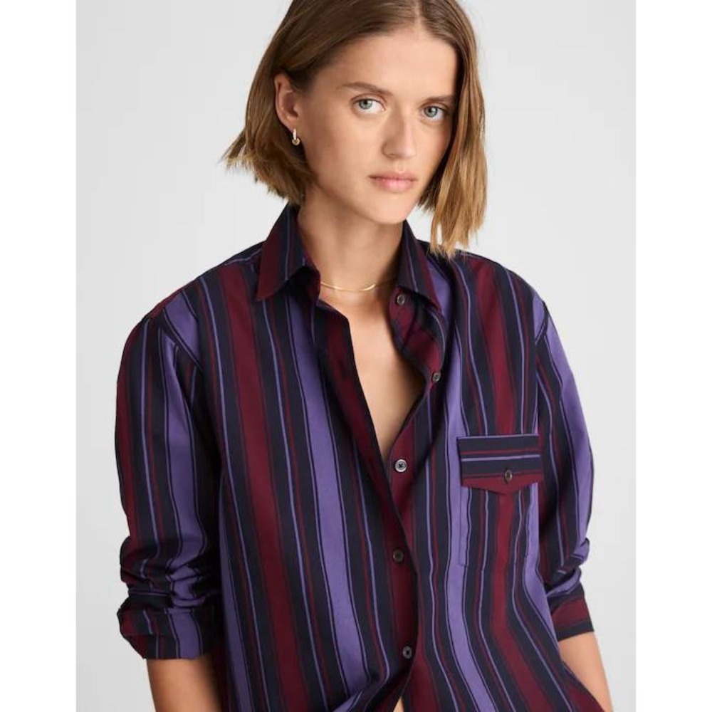 Alexa Chung Madewell Striped Oversized Cotton Button Down Shirt Purple XXS